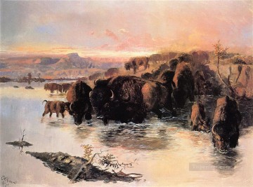 牛 雄牛 Painting - バッファローの群れ 1895 チャールズ マリオン ラッセル ヤク